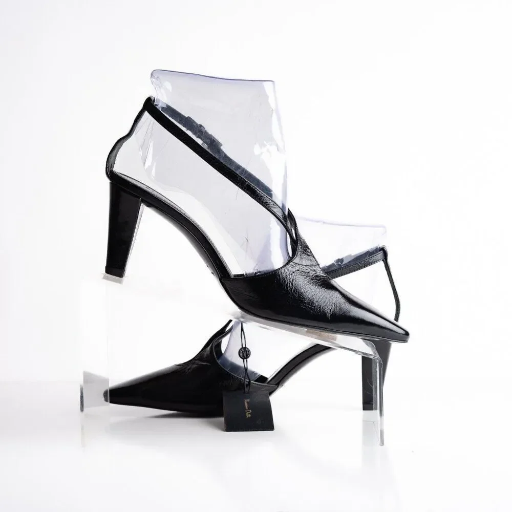 Massimo Dutti Womens Criss Cross Heels Slingbacks Black Leather US 7.5 EU 38 NWB
